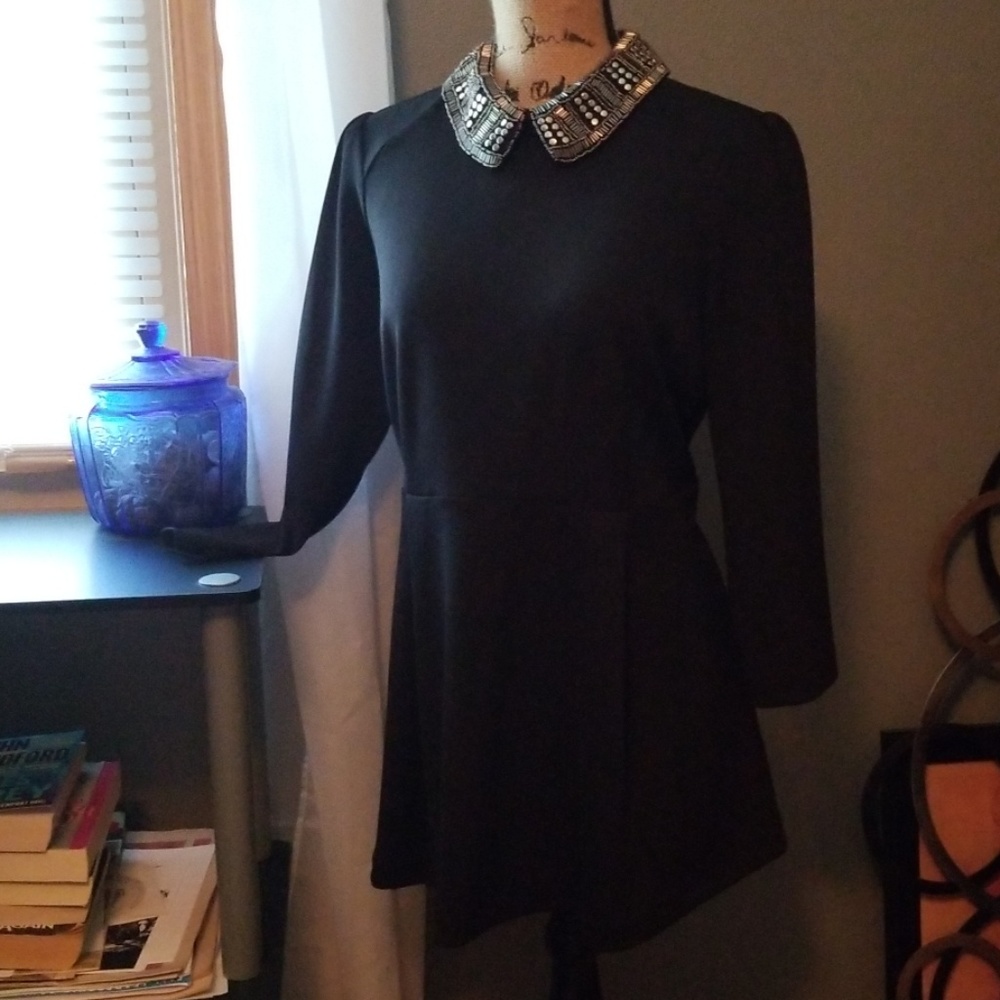 Holiday Tunic Peplum Top, Beaded Collar, Black